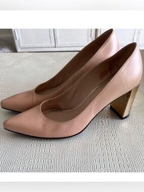 Stuart Weitzman Nude Lucite Gold Block Heels - 7